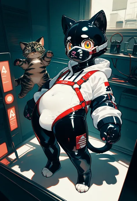 Highest quality, Highest quality, High quality illustrations, masterpiece, Ultra-high resolution, Detailed Background, room, Absurd, Perfect Anatomy, performance, Good lighting, Shadows in the movies(kemono, Furry PersonifiCation), Cat, Black Skin, Rubber ...