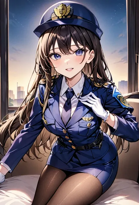 woman１people、Woman police officer、紺色のWoman police officer、Woman police officerの制帽、Uniform Buttons、Collared shirt、Black tie、Navy blue pencil skirt、Black Pantyhose、Uniform jacket、Black pumps、White gloves