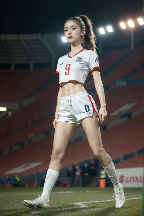 (((best quality))),(((ultra detailed))),(((masterpiece))),illustration,((1 beautiful girl,female footballer,solo)),((small breasts,flat chest)),((slim,thin)),summer night,stadium,crowded stands,enthusiastic spectators,football match,(short ponytail:1.2),(s...