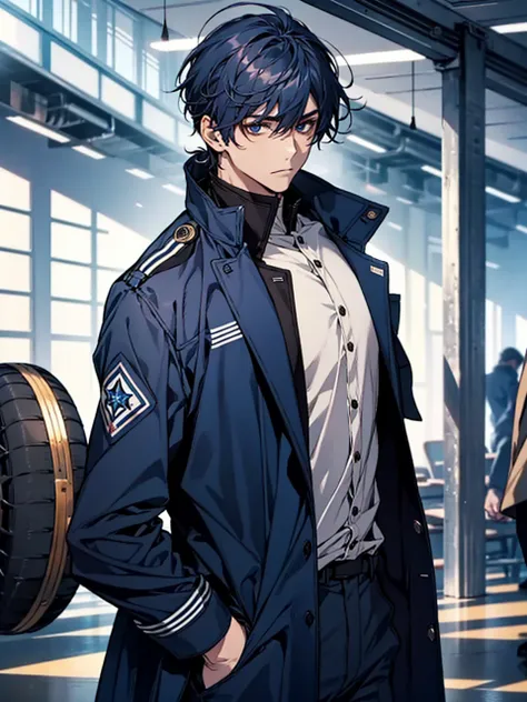 masterpiece, highest quality, confused, male,dark blue hair, low ponytail,Black and navy blue pilot suit,expensive,,Carrying Wolves,He has a dark blue coat draped over his shoulders.,There&#39;there&#39;s no one behind me,dark blue eyes,Smile a little,Bein...