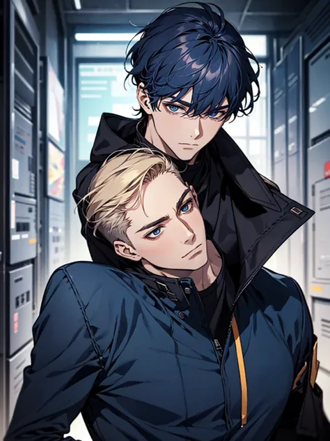 masterpiece, highest quality, confused, male,dark blue hair, low ponytail,Black and navy blue pilot suit,expensive,,Carrying Wolves,He has a dark blue coat draped over his shoulders.,There&#39;there&#39;s no one behind me,dark blue eyes,Smile a little,Bein...