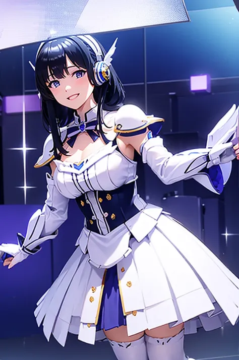 Mecha Wings、White and blue skirt、Accentuated thighs、White tights、chest、Beautiful black hair、1 girl、solo girl、Thick thighs、is、Frame Arms Girl、Alice Gere Aegis、White Armor、Blue and purple lines、income、headphone、hand on own chest、smile、idol costume
