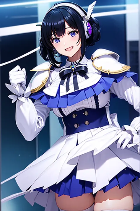 Mecha Wings、White and blue skirt、Accentuated thighs、White tights、chest、Beautiful black hair、1 girl、solo girl、Thick thighs、is、Frame Arms Girl、Alice Gere Aegis、White Armor、Blue and purple lines、income、headphone、hand on own chest、smile、idol costume
