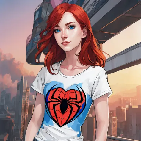 Make me a picture of a red-haired boy, white-skinned, red hair, blue colored eyes, and effeminate structure, and wearing a short white top t-shirt showing her slim waist with a heart design with Spiderman&#39;s face in the center of the t-shirt and jeans.