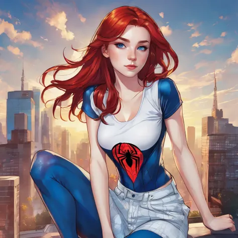 Make me a picture of a red-haired boy, white-skinned, red hair, blue colored eyes, and effeminate structure, and wearing a short white top t-shirt showing her slim waist with a heart design with Spiderman&#39;s face in the center of the t-shirt and jeans.