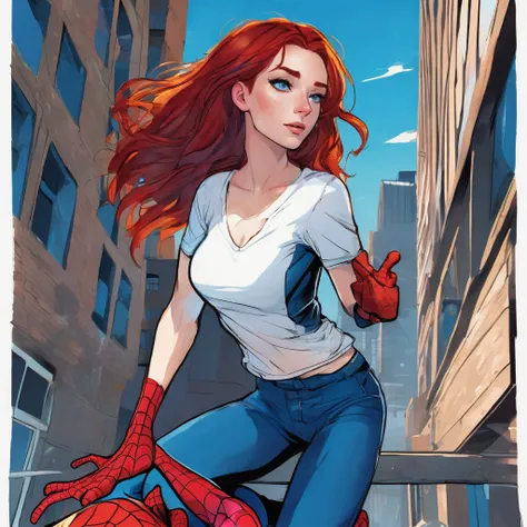 Make me a picture of a red-haired boy, white-skinned, red hair, blue colored eyes, and effeminate structure, and wearing a short white top t-shirt showing her slim waist with a heart design with Spiderman&#39;s face in the center of the t-shirt and jeans.