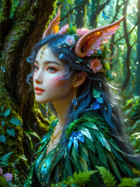 a fantastical creature with feminine qualities stands in a mystical forest. she has voluminous hair, captivating eyes, and adorn...