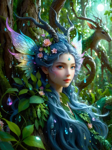 A fantastical creature with feminine qualities stands in a mystical forest. She has voluminous hair, captivating eyes, and adorned in vibrant clothing that complements her figure. Unique features such as scales, horns, or wings differentiate her from a typ...