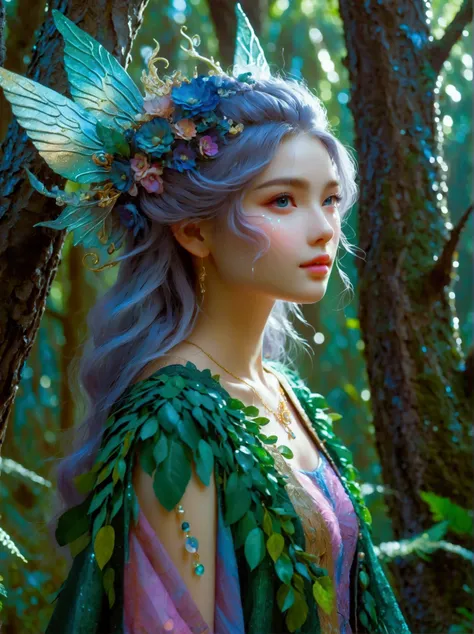 a fantastical creature with feminine qualities stands in a mystical forest. she has voluminous hair, captivating eyes, and adorn...