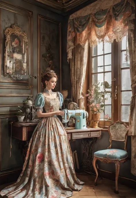 A poster cover，middle Ages，European retro style，Dress Shop Theme，Palace style dress、Rococo、The shabby window is lined with fake，Retro sewing machine，Tailor&#39;s workbench，Dark brown background，Retro old door head