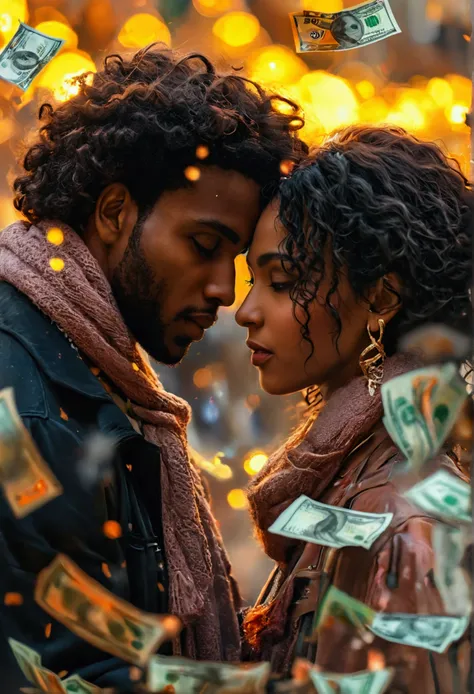 a romantic city in the background, a beautiful couple black man and latin woman, romantic posture, Casual clothes, many luxury and money bills in the air, hyperrealistic image, artistic, Surreal, 8k, imagen artistic 
