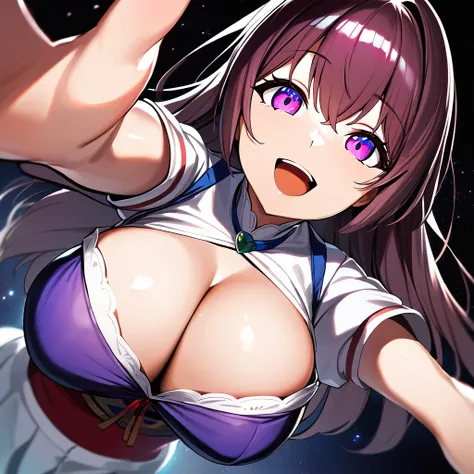 1girl, ultra high res,smile, open mouth, large chest, cleavage,  perspective is from above girls face, girl looking up a viewer , hand reaching to viewer, uvula