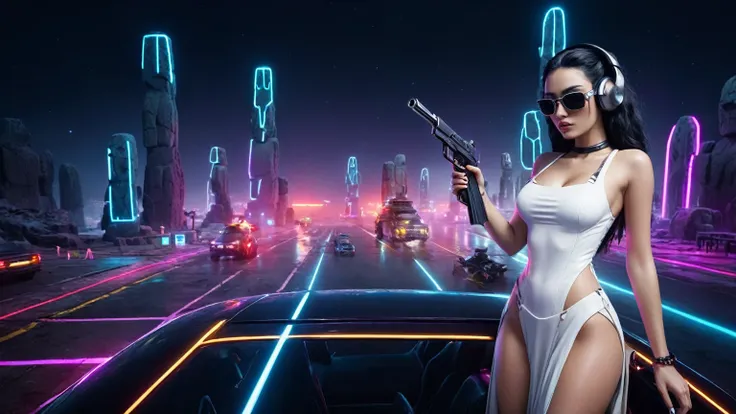 At night, dark sky, distant shot aerial view of fantasy cyberpunk style ice ((Moai-statue)) city, ((flying car)). ((1girl, solo, alone)), medium-breast:1.1 slim body, cleavage, sexy clothes, (headphone, black sunglasses, long black realistic hair), (((hip-...