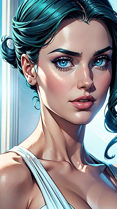 beautiful,eyes green,blue hair, elegant purole AND white dress, female,1girl, busty. Voluptuos. Comic style. Marvel comics.