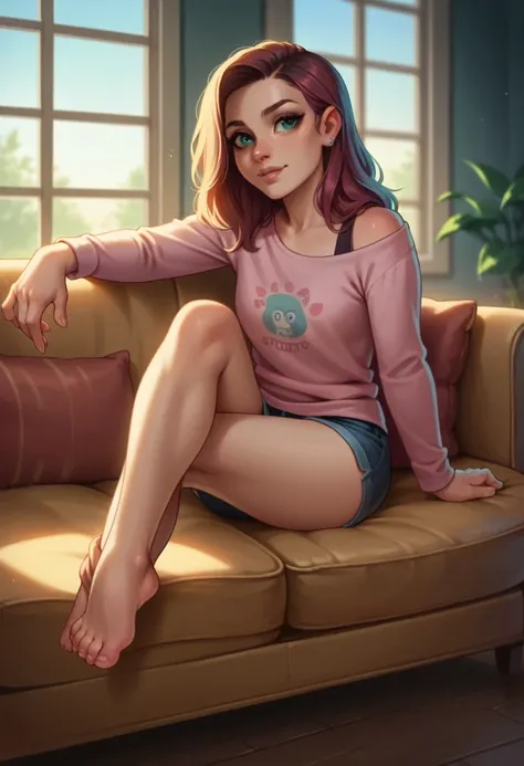 1girl,sitting on a cozy couch,crossing legs,soft light