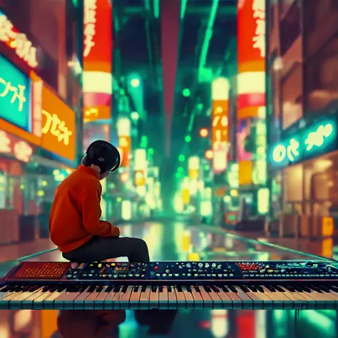 a man sitting on a flying eletric keyboard, 1970s tokyo campscape, frutiger aero font aesthetic, highly detailed, photorealistic, cinematic