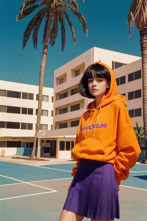 long shot portrait of cute 23 yo girl ,wear ((orange color oversized_hoodie)), wear ((purple tennis skirt)),looking front,Best Quality,Masterpiece,Ultra High Resolution,(Realisticity:1.4),Original Photo, 1Girl, light leak,ultra high resolution,UHD,beautifu...