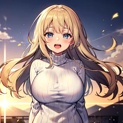 high school girl, Wearing a cozy white sweater, Upper Body, (LOL:1.1), (Open your mouth wide:1.1), (Eyes Wide Open:1.2), Sun glare, Bokeh, Depth of written boundary, Blurred Background, Particles of light, Strong winds, (Heart Particles:1.1), Big Breasts, ...