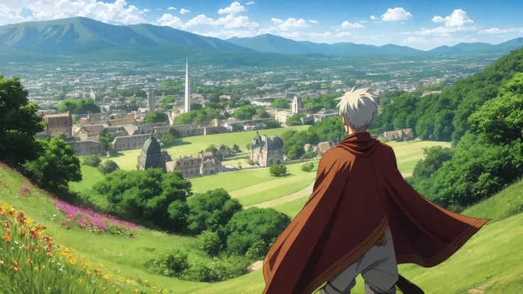 A 16:9 anime-style illustration depicting a male adventurer standing on a hill, overlooking a grand city below. The male adventurer is dressed in fantasy attire, including a cloak and light armor, and is carrying a sword. The city below is vast and majesti...