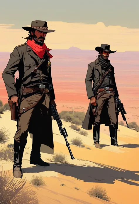 score_9, score_8_up, score_7_up, score_6_up, score_5_up, score_4_up, 1man, Western, Desert, red sun, scorching sun, arid, black clothes, Horizon, far away, Eyes shining, old sniper carabina, Year 1600, Wild West, red dead Redemption, cartoon art style