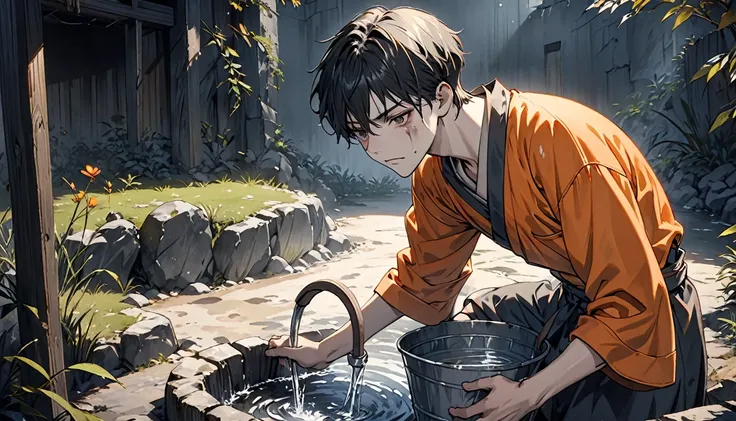 high resolution, An incomparable masterpiece, detailed background, bad lighting, Dark shadows ,shiny skin, marvelous,depressive expression, Tired look., dirty face, Very beautiful 25 year old boy., eyeliner, takes water from an old gray bucket, he is very ...