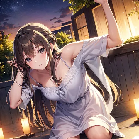 asuna,STAR, crown half up hairstyle,, mature female, dusk, dusk sky, sunset,Free Pose。Low - Angle、Brush your hair up