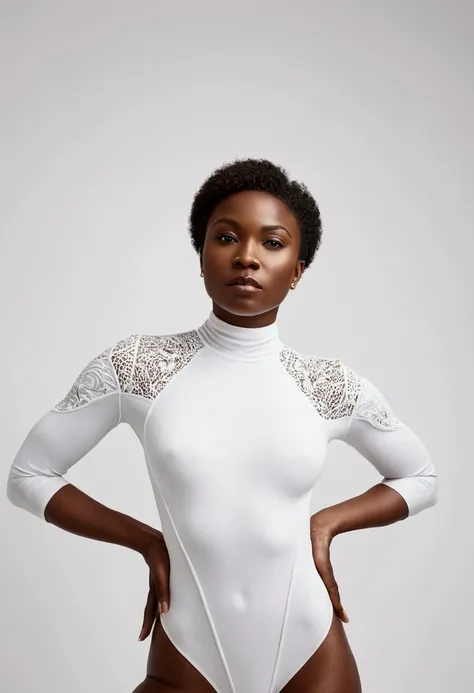 

a woman in a white bodysuit posing for a picture, a poster by Chinwe Chukwuogo-Roy, featured on cg society, precisionism, dynamic pose, androgynous, white background