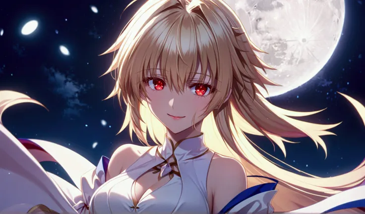 female anime character with very long blonde hair next to dark colored moons, 1girl, arcueid brunestud, red eyes, moon, long hai...