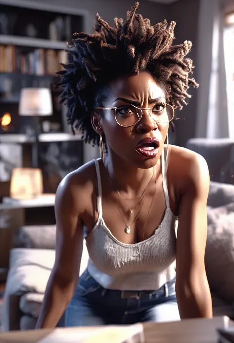 Black woman breaking photo portraits in her living room, angry, 32k, ultra HD, unreal engine rendered, cinematic lighting 