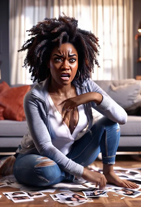 Black woman breaking photo portraits in her living room, angry, 32k, ultra HD, unreal engine rendered, cinematic lighting 