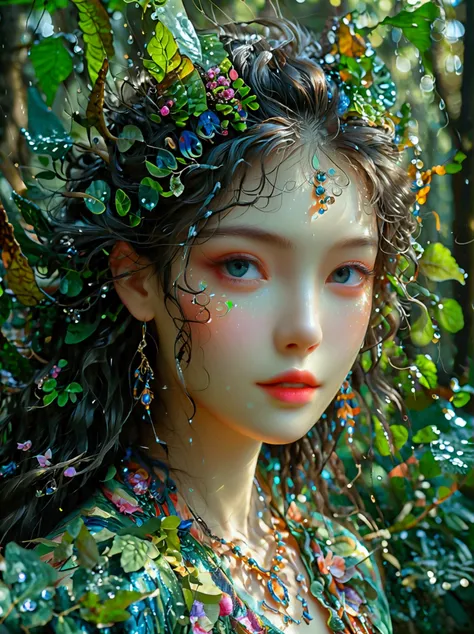 A fantastical creature with feminine qualities stands in a mystical forest. She has voluminous hair, captivating eyes, and adorned in vibrant clothing that complements her figure. Unique features such as scales, horns, or wings differentiate her from a typ...