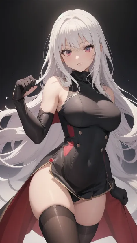 masterpiece, best quality, 1 solo girl, white hair, red eyes, long hair, medium breasts, sexy body and face, wavy hair, smile, parted lips, gradient clothes, dress, elbow gloves, sleeveless, bare shoulders, cape, boots, bracelet, sleeveless dress, ribbon, ...