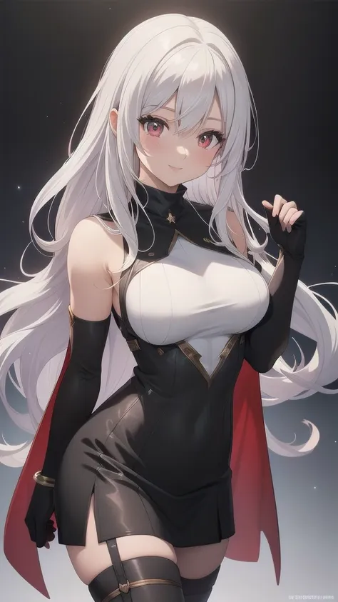 masterpiece, best quality, 1 solo girl, white hair, red eyes, long hair, medium breasts, sexy body and face, wavy hair, smile, p...