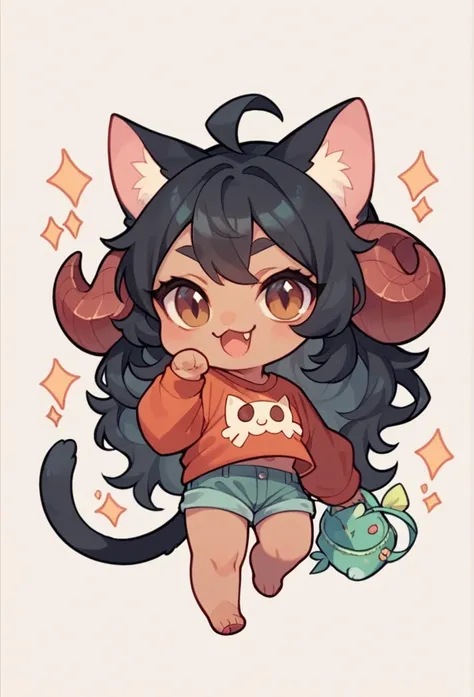 chibi, full body, A beautiful woman, long wavy black hair, brown eyes, casual clothing, cat ears and tail, fangs, horns 