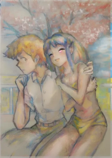 Painting of two couples sitting on a bench with trees in the background, Jamie Hewlett and Ayami Kojima, Frank Franzeta and Sakimi-chan, drawn by Anime Painter Studio, Yukika Kamisaka, Shingei, Nobutada Yanagawa, 90s anime art style, Japanese anime style, ...