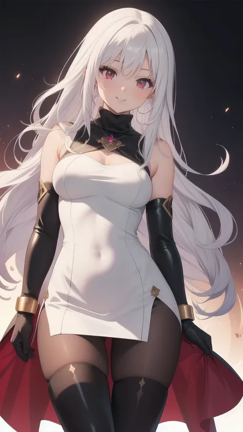 masterpiece, best quality, 1 solo girl, white hair, red eyes, long hair, medium breasts, sexy body and face, wavy hair, smile, parted lips, gradient clothes, dress, elbow gloves, sleeveless, bare shoulders, cape, boots, bracelet, sleeveless dress, ribbon, ...