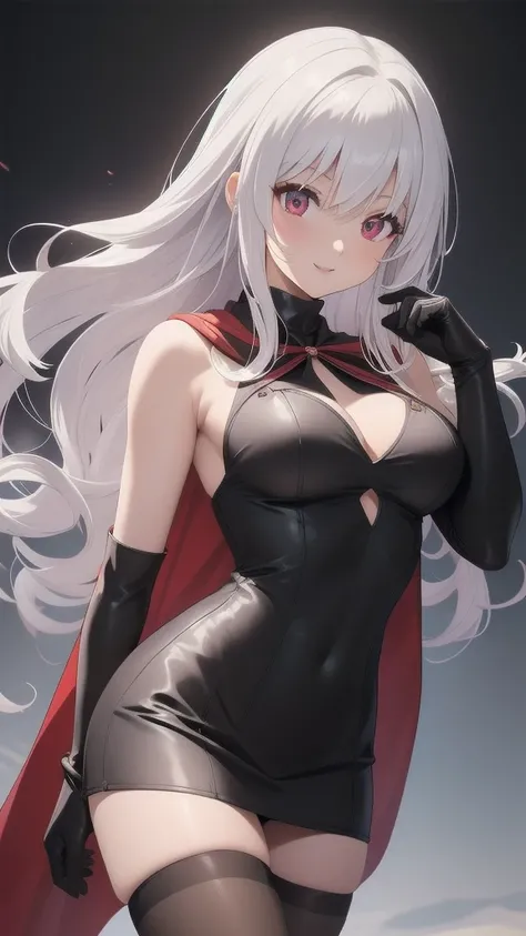 masterpiece, best quality, 1 solo girl, white hair, red eyes, long hair, medium breasts, sexy body and face, wavy hair, smile, parted lips, gradient clothes, dress, elbow gloves, sleeveless, bare shoulders, cape, boots, bracelet, sleeveless dress, ribbon, ...