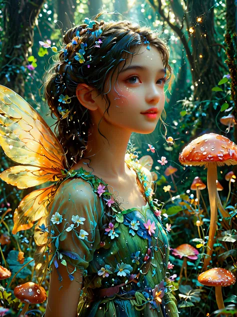 a fairy with typical characteristics like wings and a wand, she appears as a young girl with a glowing aura around her, denoting...