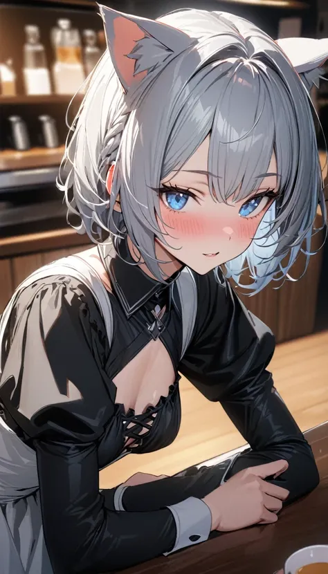 1girl、(((best quality)), ((masterpiece)), (details), masterpiece, best quality, high quality, ulutra detailed, perfect face, ((1girl, blue eyes, cat ears: 1.3 silver bob hair: 2.5,))、Shiny Hair、Glowing Skin、blush、Lustful look、Maid clothes、Inside the cafe、S...