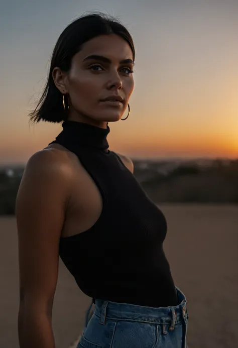 color digital photograph of Bruna Costa a woman from brazil wearing (minimalist woman), (a black turtleneck), (straight-leg jeans), (white sneakers), (black tote bag), (gold hoop earrings), (natural makeup), (sleek hairstyle). and Espadrilles shot on Hasse...