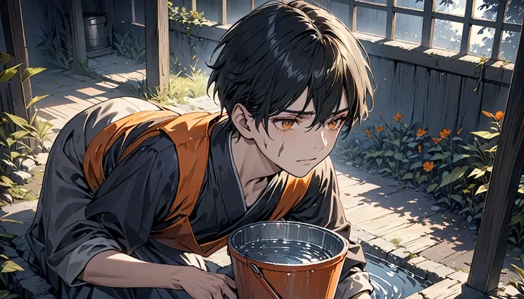 high resolution, An incomparable masterpiece, detailed background, bad lighting, Dark shadows ,shiny skin, marvelous,depressive expression, Tired look., dirty face, Very beautiful 25 year old boy., eyeliner, takes water from an old gray bucket, he is very ...