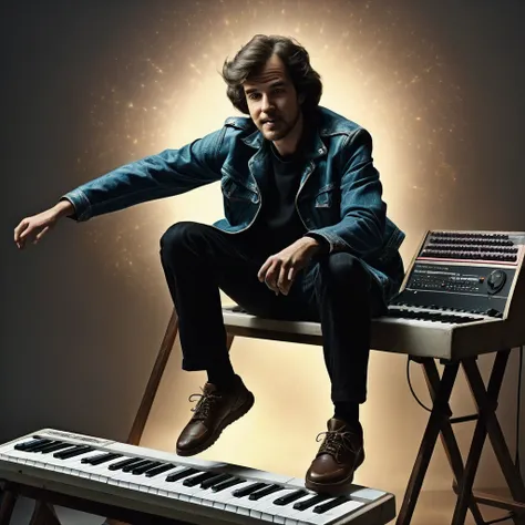 a man sitting on a flying electric keyboard, oldest aesthetic, 1970s nostalgic, highly detailed, photorealistic, cinematic, dramatic lighting, neutral, hyper-realistic, masterpiece, best quality