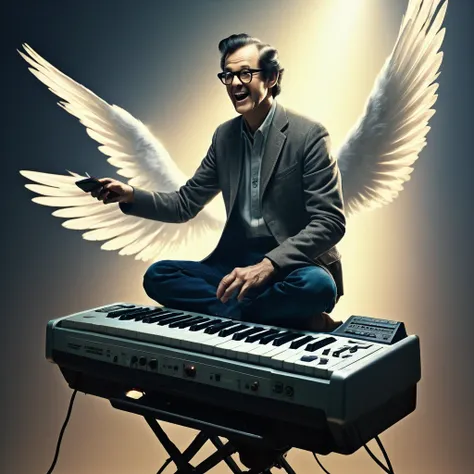 a man sitting on a flying electric keyboard, oldest aesthetic, 1970s nostalgic, highly detailed, photorealistic, cinematic, dramatic lighting, neutral, hyper-realistic, masterpiece, best quality