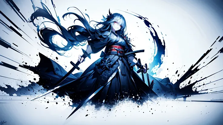 "A dark, intense scene featuring a fierce warrior with long white hair and glowing eyes, wielding a katana. The warrior is dressed in a traditional samurai outfit, with flowing robes that seem to blend with the shadows. Behind the warrior, a menacing spiri...