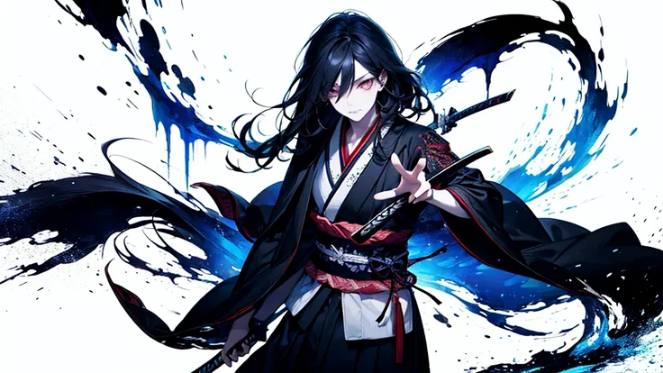 "A dark, intense scene featuring a fierce warrior with long white hair and glowing eyes, wielding a katana. The warrior is dressed in a traditional samurai outfit, with flowing robes that seem to blend with the shadows. Behind the warrior, a menacing spiri...