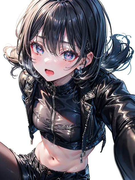 (Best quality, 8k, 32k, Masterpiece, UHD,:1.2),RAW, 1girl,ultra cute , natural lighting,transparent shining eyes, 20yo ,fair complexion, (vulgarity:0.8), (fucked silly:0.8),,(trembling:1.3)),((leather jacket, short pants,)),,White Background, medium breast