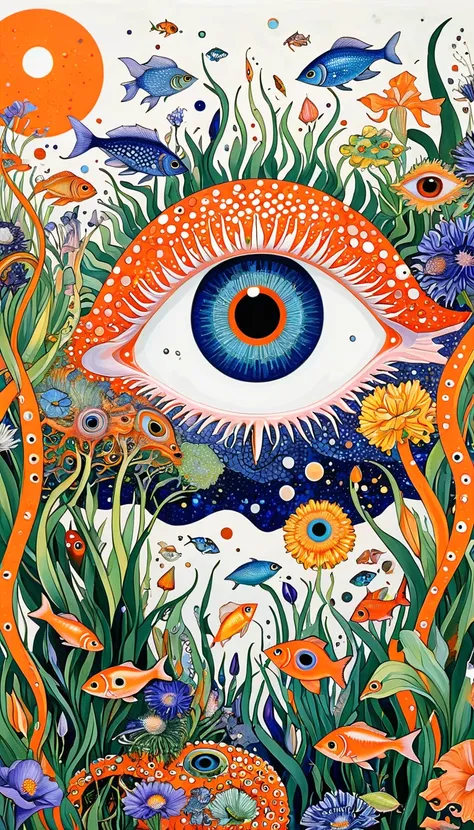 Psychedelic Art:Eye、Iris tectorum Maxim、fish、Tentacles、bird、Eye、diatom，Abstract mosaic painting，Describing the inner world of autistic people，Sense of space，White Space，interesting，Innocence，Psychedelic Art，Orange overall