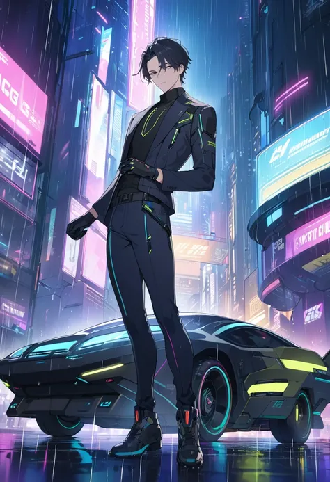 (masterpiece, best quality, high resolution, 32k drive wallpaper, Extremely detailed CG:1), (Weak illustrations on stage:1.0), ((1 young and handsome cyberpunk:1.5 Dancing in the Rain:1.7 )),(( Cyberpunk Night City:1.4)), Neon sign futuristic car,It&#39;s ...