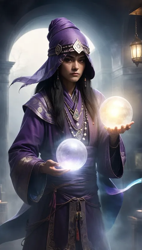 high resolution　high quality　Reality　suspicious　Giant fortune teller　In front of a round crystal　Intimidation　Upper Body　Looming　metallic　Transparency　Facing forward　suspicious雰囲気　Dark atmosphere　Upper Body