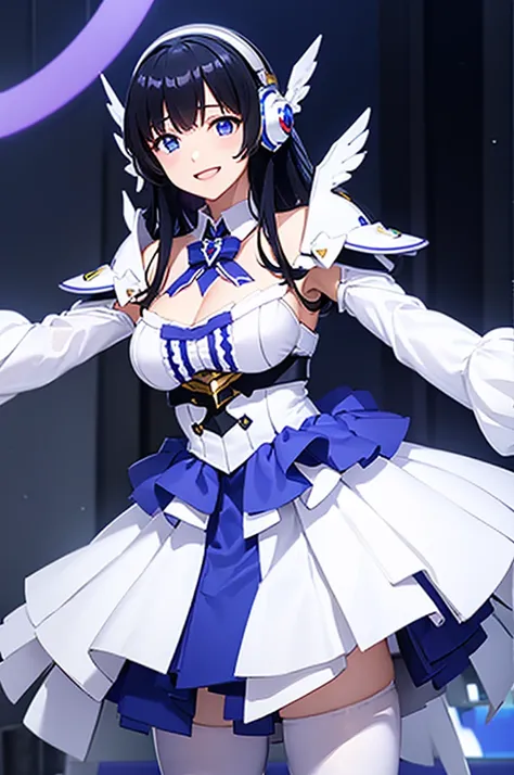 Mecha Wings、White and blue skirt、Accentuated thighs、White tights、chest、Beautiful black hair、1 girl、solo girl、Thick thighs、is、Frame Arms Girl、Alice Gere Aegis、White Armor、Blue and purple lines、income、headphone、hand on own chest、smile、idol costume